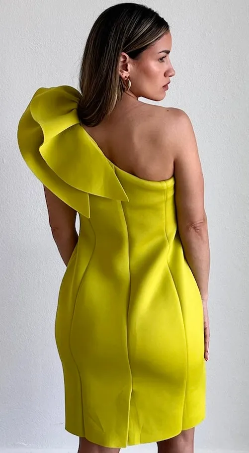 Signature Elegance Lime One-Shoulder Midi Dress