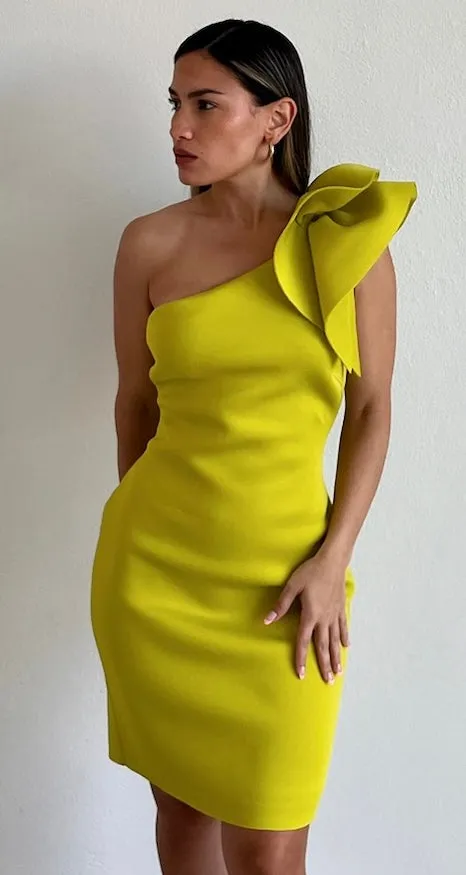 Signature Elegance Lime One-Shoulder Midi Dress