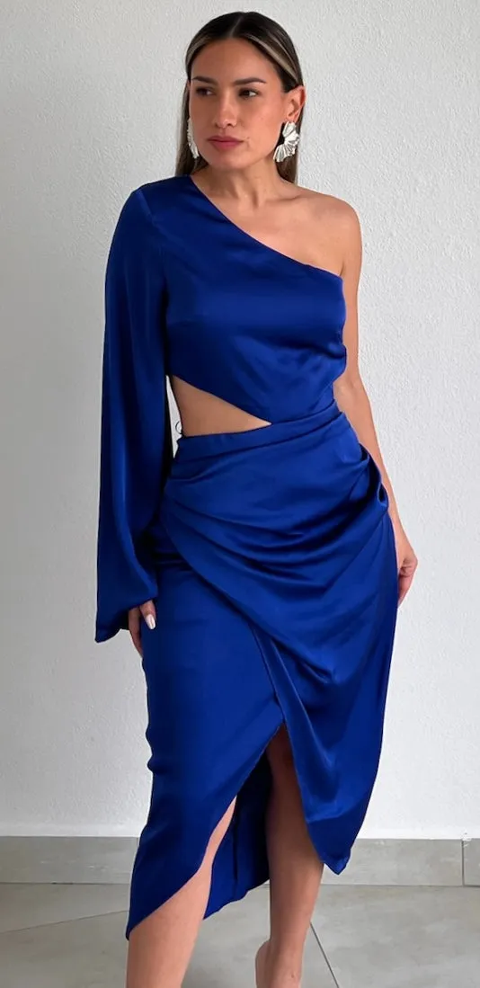 So Flirty Royal One-Shoulder Midi Dress