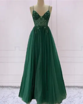 Spaghetti Strap Green A Line Long Prom Dress V Neck Formal Evening Gown Party Dress 292