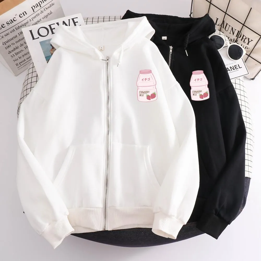 Strawberry Yogurt Bottle Soft Zip-Up Hoodie