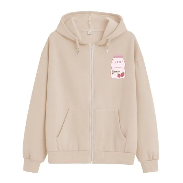 Strawberry Yogurt Bottle Soft Zip-Up Hoodie