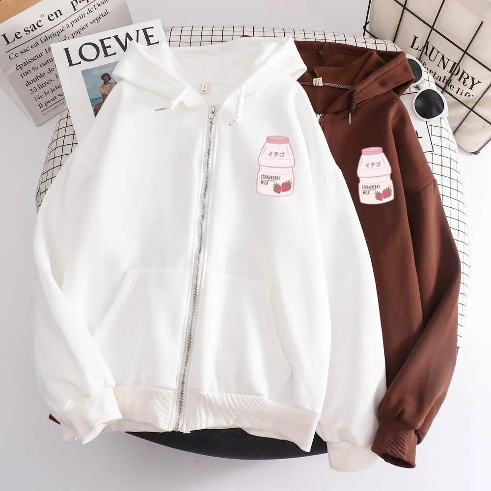 Strawberry Yogurt Bottle Soft Zip-Up Hoodie