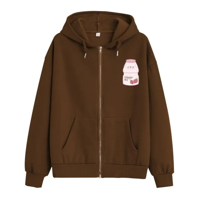 Strawberry Yogurt Bottle Soft Zip-Up Hoodie