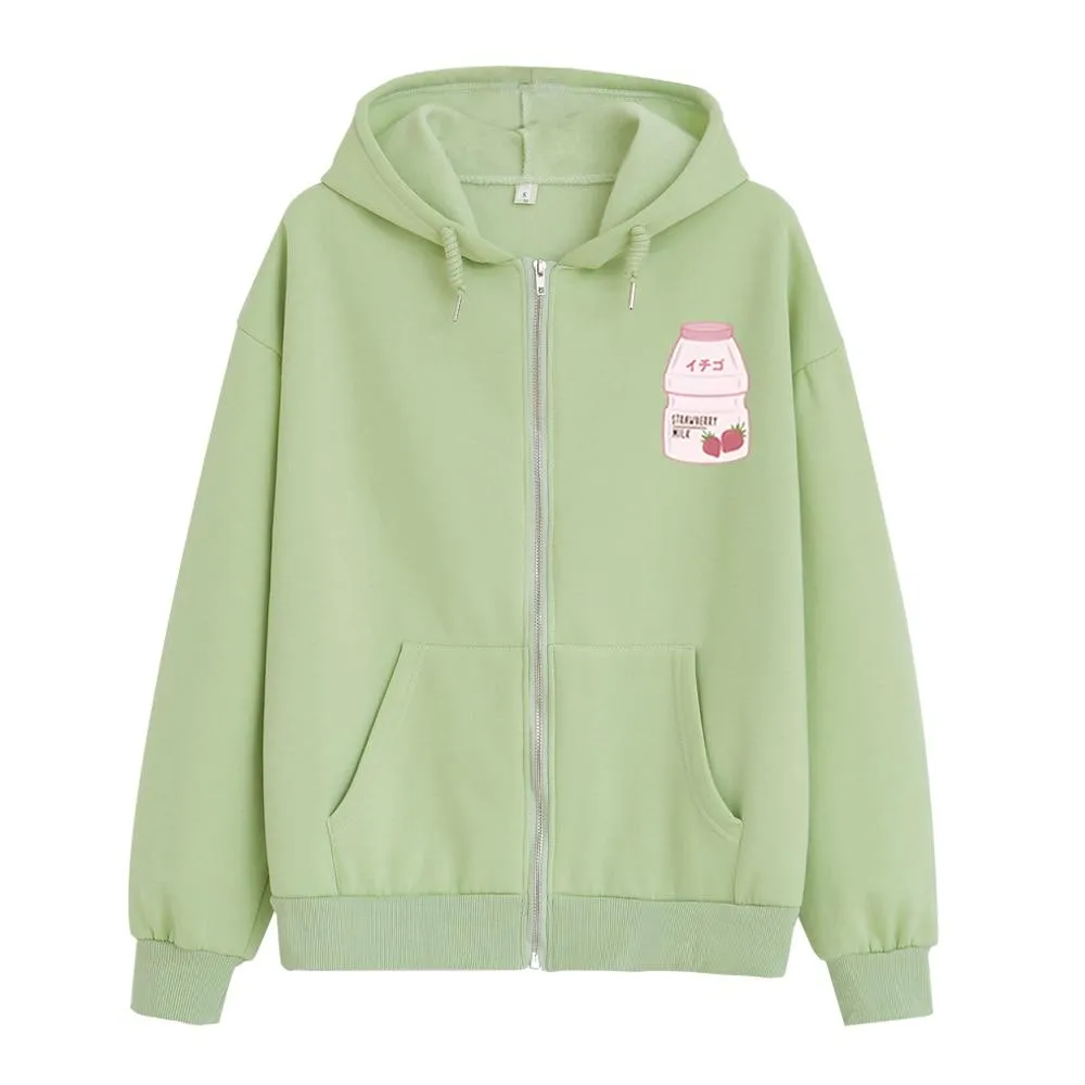 Strawberry Yogurt Bottle Soft Zip-Up Hoodie