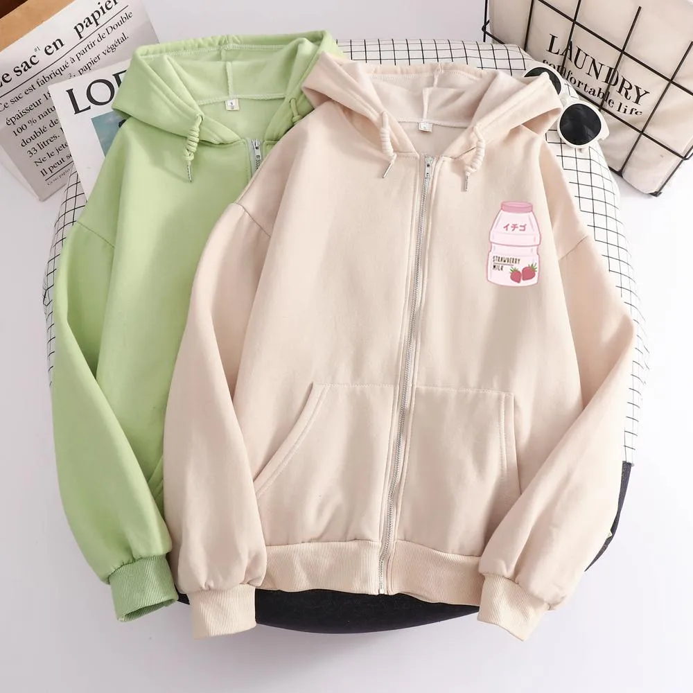 Strawberry Yogurt Bottle Soft Zip-Up Hoodie