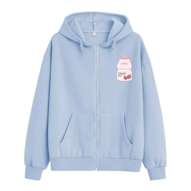 Strawberry Yogurt Bottle Soft Zip-Up Hoodie