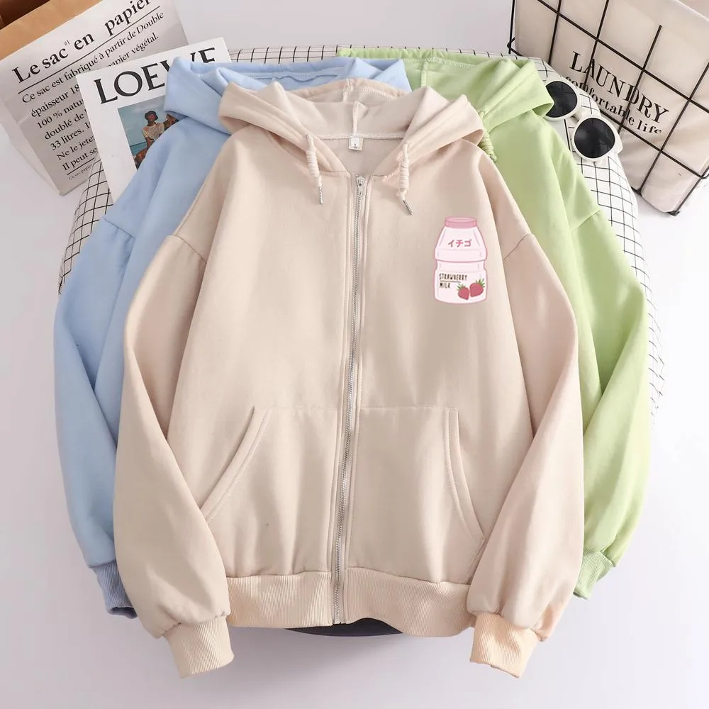 Strawberry Yogurt Bottle Soft Zip-Up Hoodie