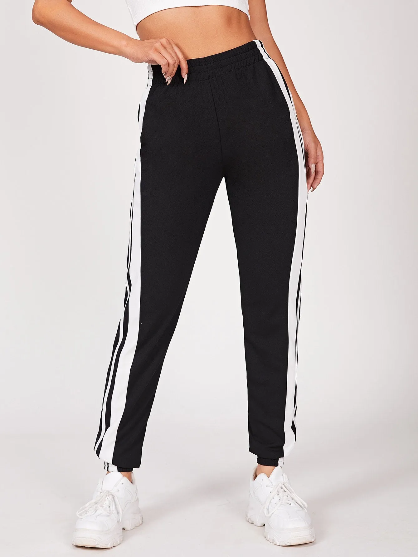 Striped Split High Waist Cropped Women Sweatpants