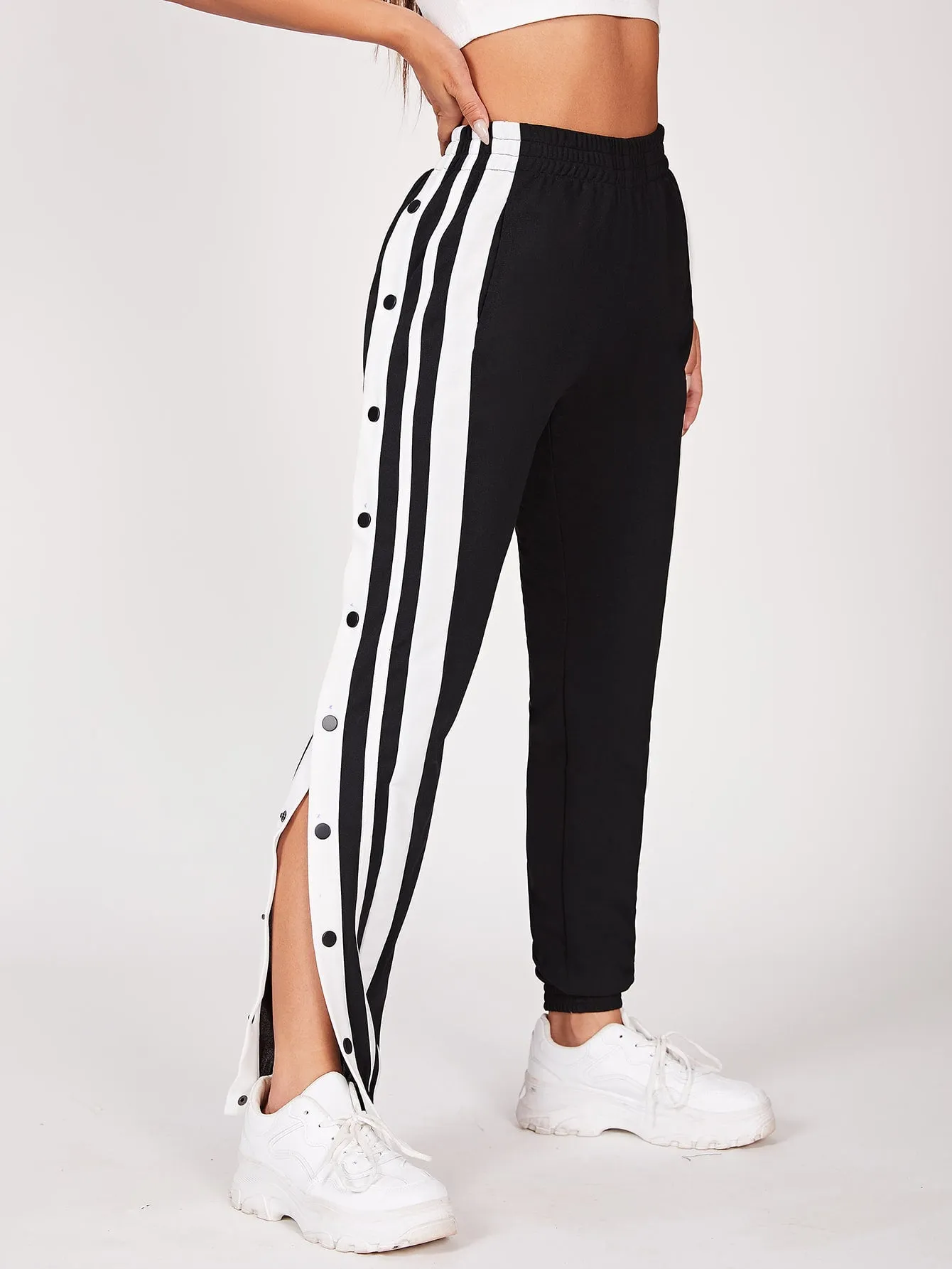 Striped Split High Waist Cropped Women Sweatpants