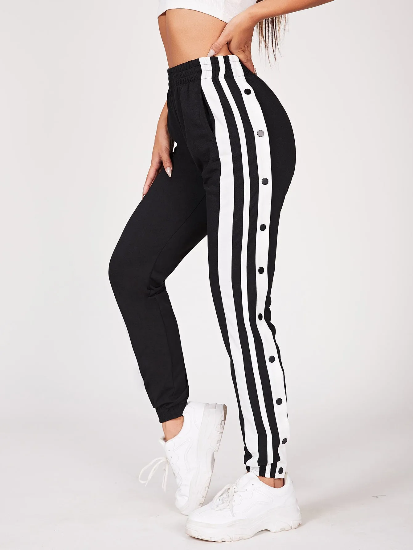 Striped Split High Waist Cropped Women Sweatpants