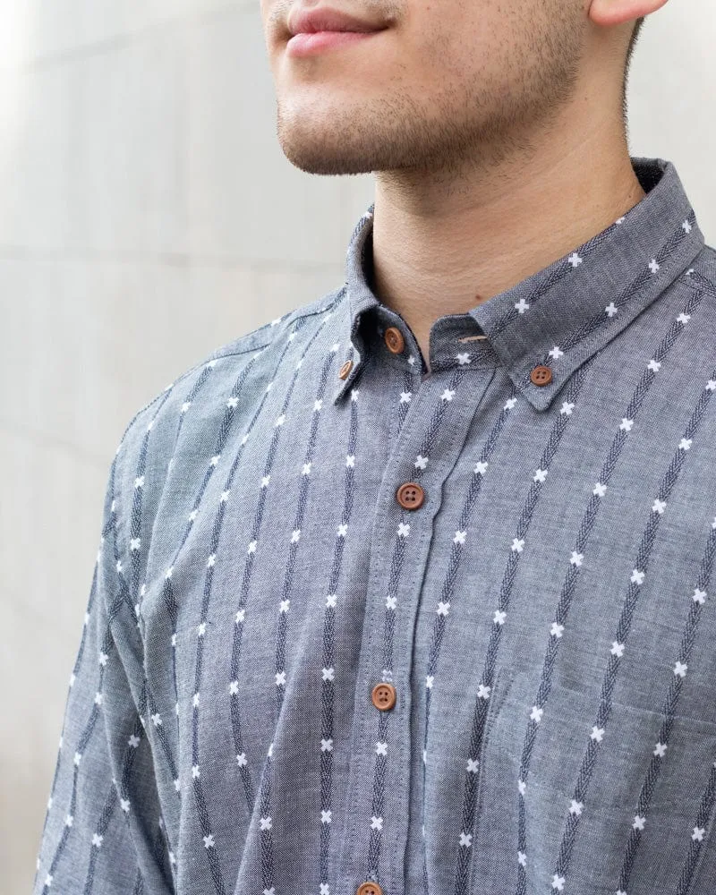 ToK Shirt, Long Sleeve Button-Up, Grey with White 'X' Stitching