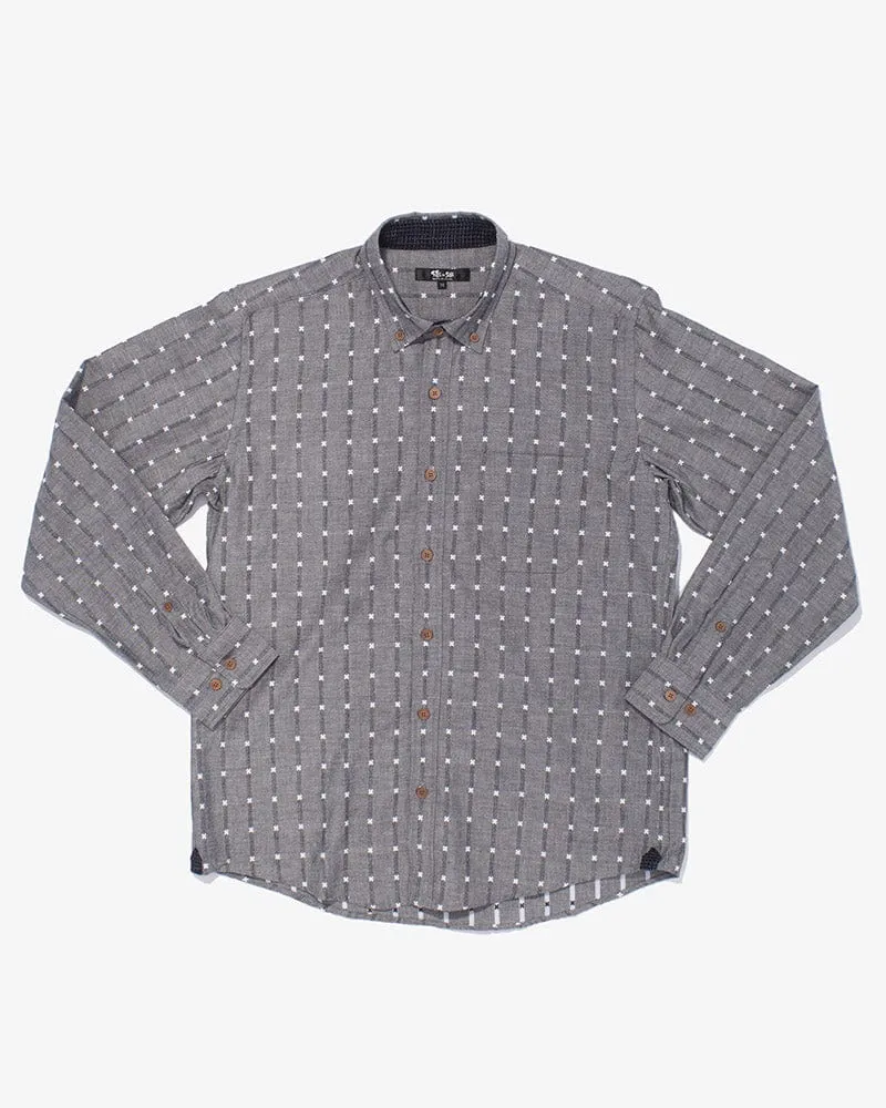 ToK Shirt, Long Sleeve Button-Up, Grey with White 'X' Stitching