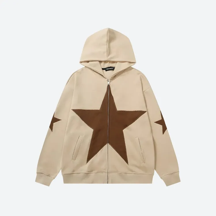 Y2K Star Patch Zip-Up Hoodie