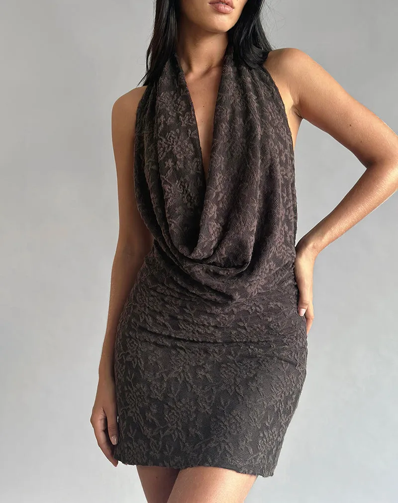 Zari Cowl Neck Mini Dress in Jacquard Knit Brown